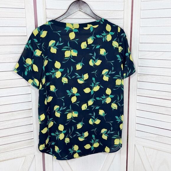 Banana Republic Lemons Print Short Sleeve Chiffon Popover Blouse Shirt Blue XS - Picture 8 of 12